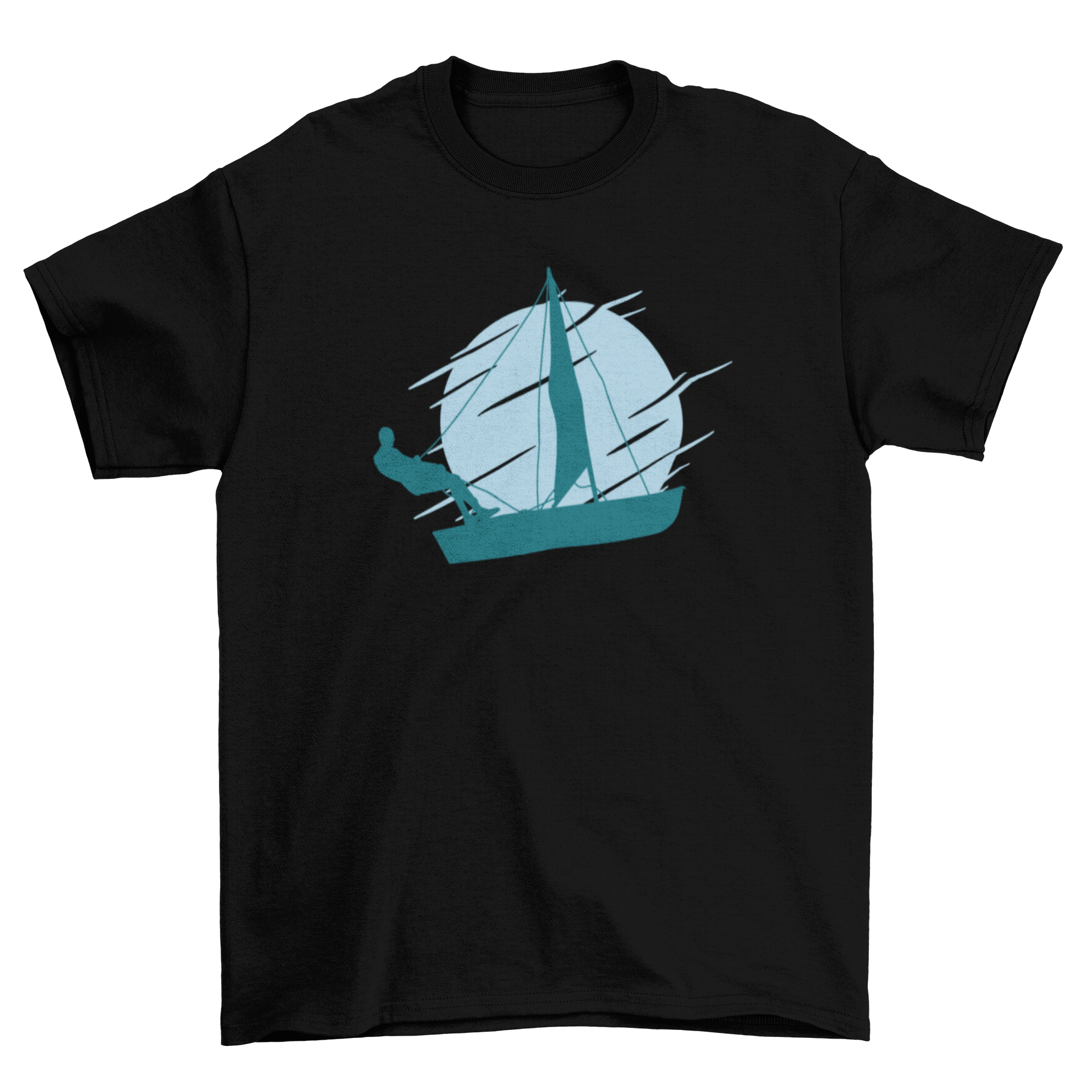 A stylish t-shirt featuring a silhouette of a man on a sailing boat, perfect for nautical enthusiasts.