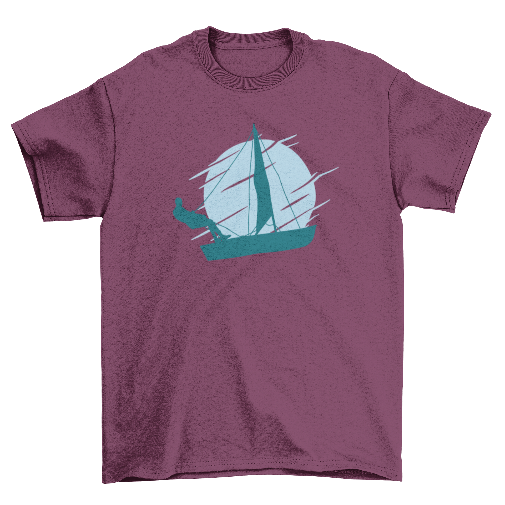 A stylish t-shirt featuring a silhouette of a man on a sailing boat, perfect for nautical enthusiasts.
