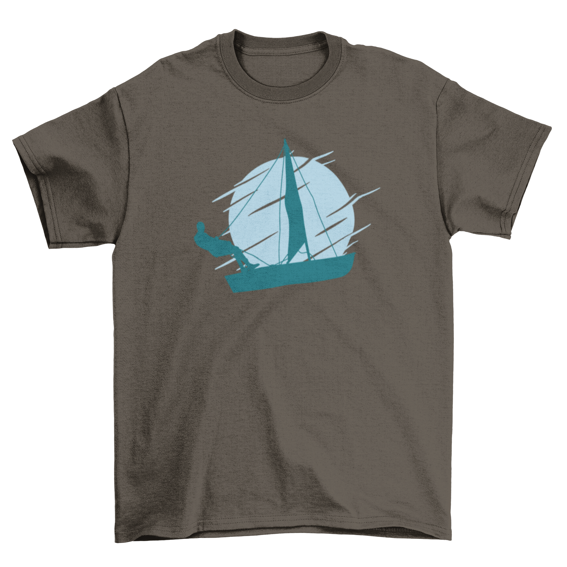 A stylish t-shirt featuring a silhouette of a man on a sailing boat, perfect for nautical enthusiasts.