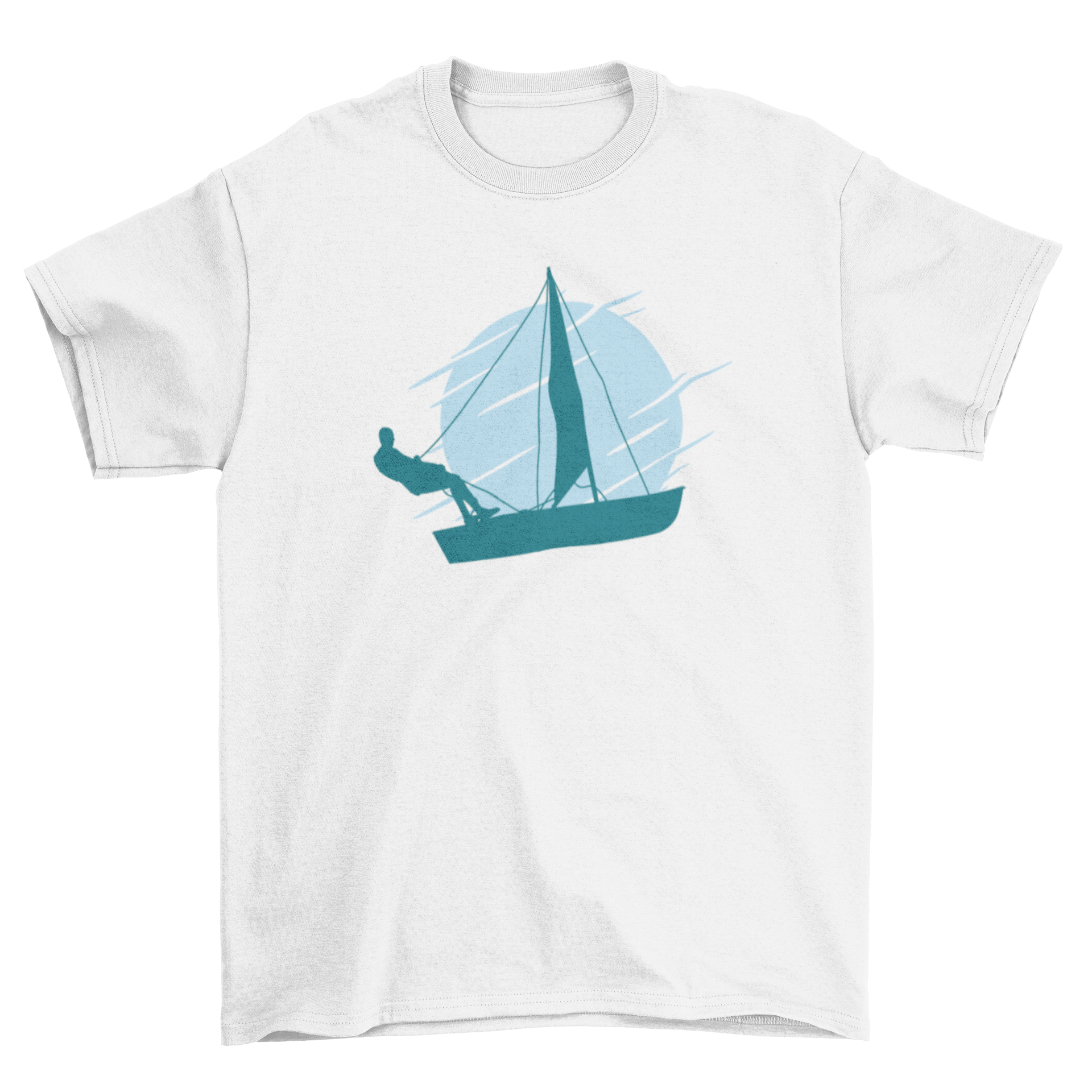 A stylish t-shirt featuring a silhouette of a man on a sailing boat, perfect for nautical enthusiasts.