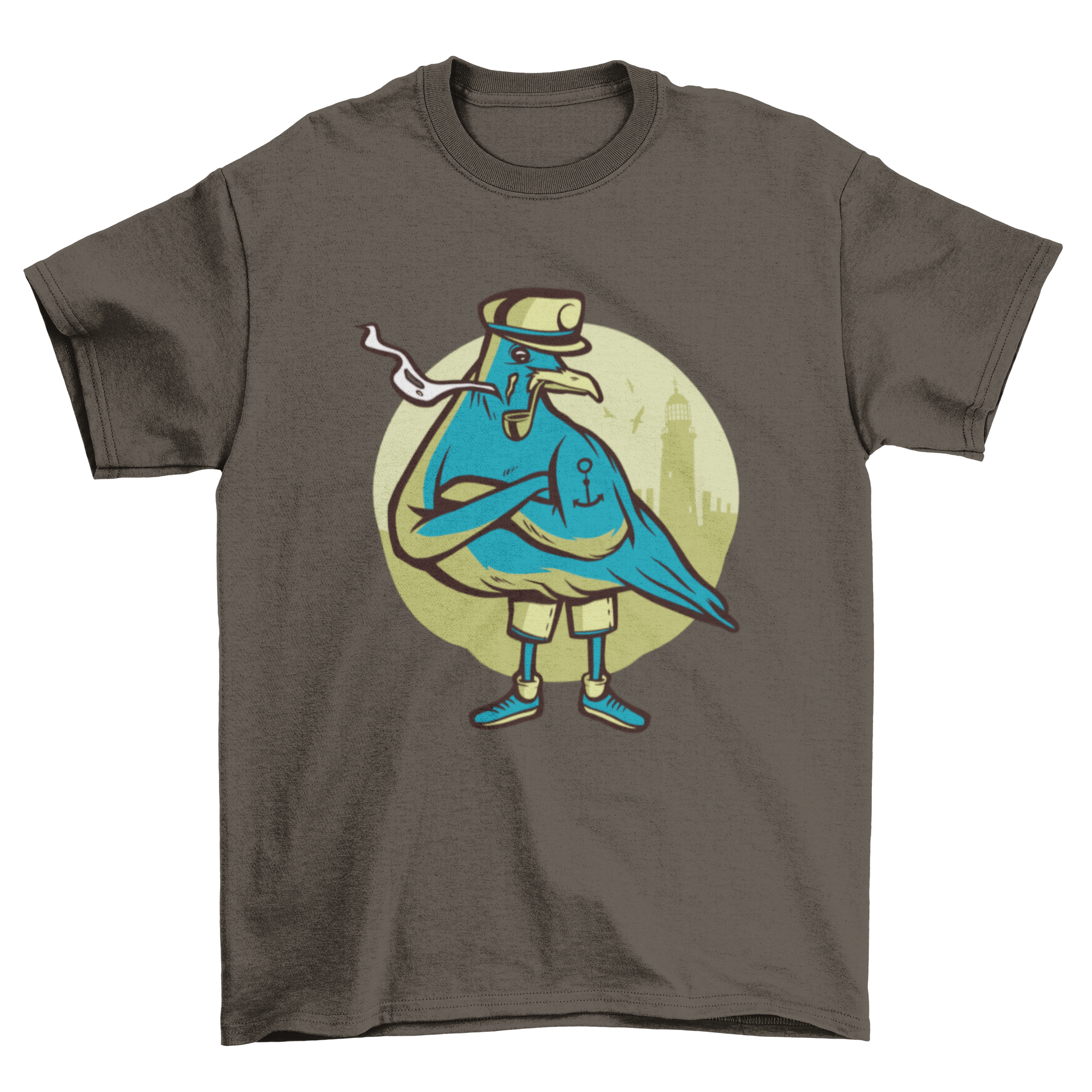 A humorous t-shirt featuring a seagull wearing a captain's hat and smoking a pipe, perfect for casual wear.
