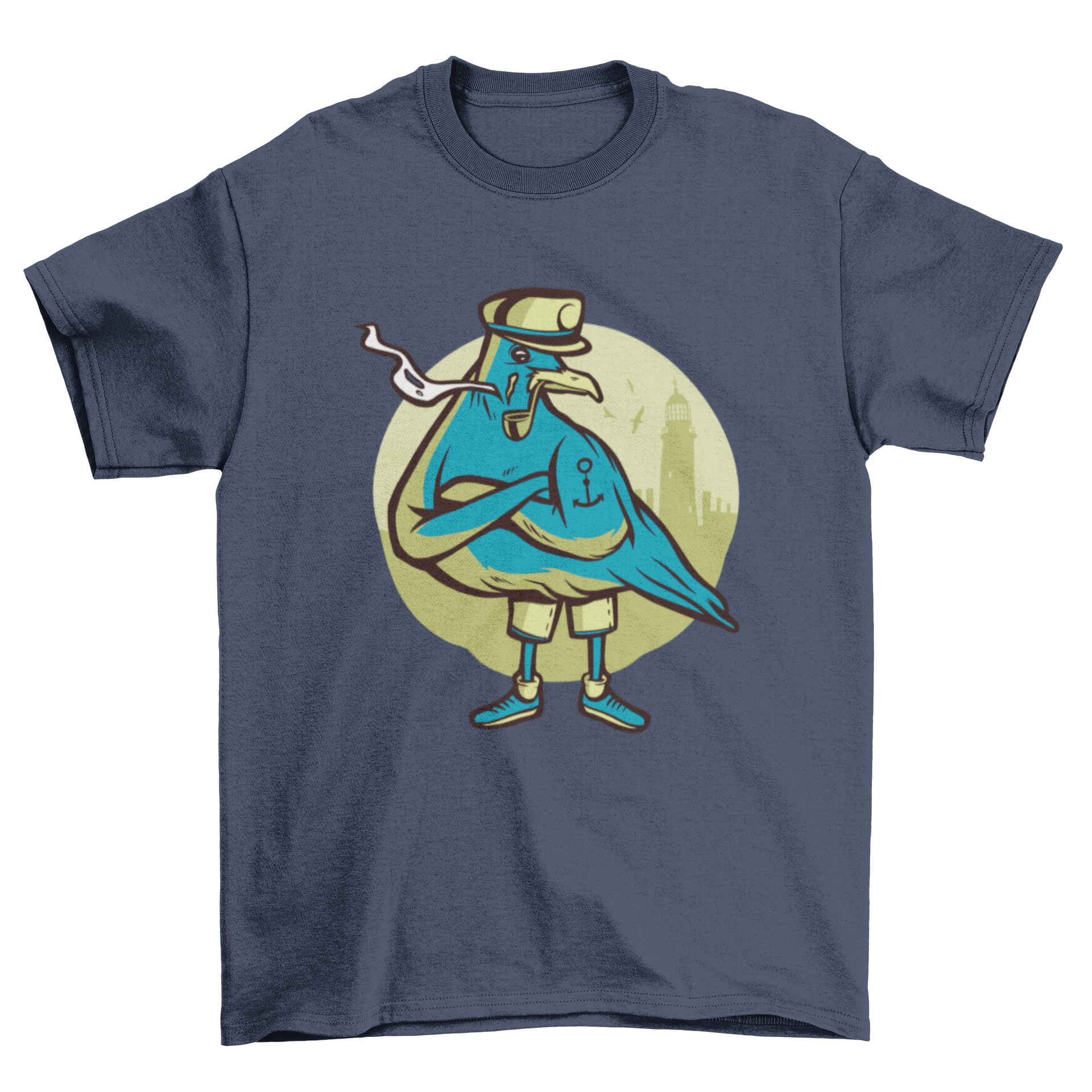 A humorous t-shirt featuring a seagull wearing a captain's hat and smoking a pipe, perfect for casual wear.