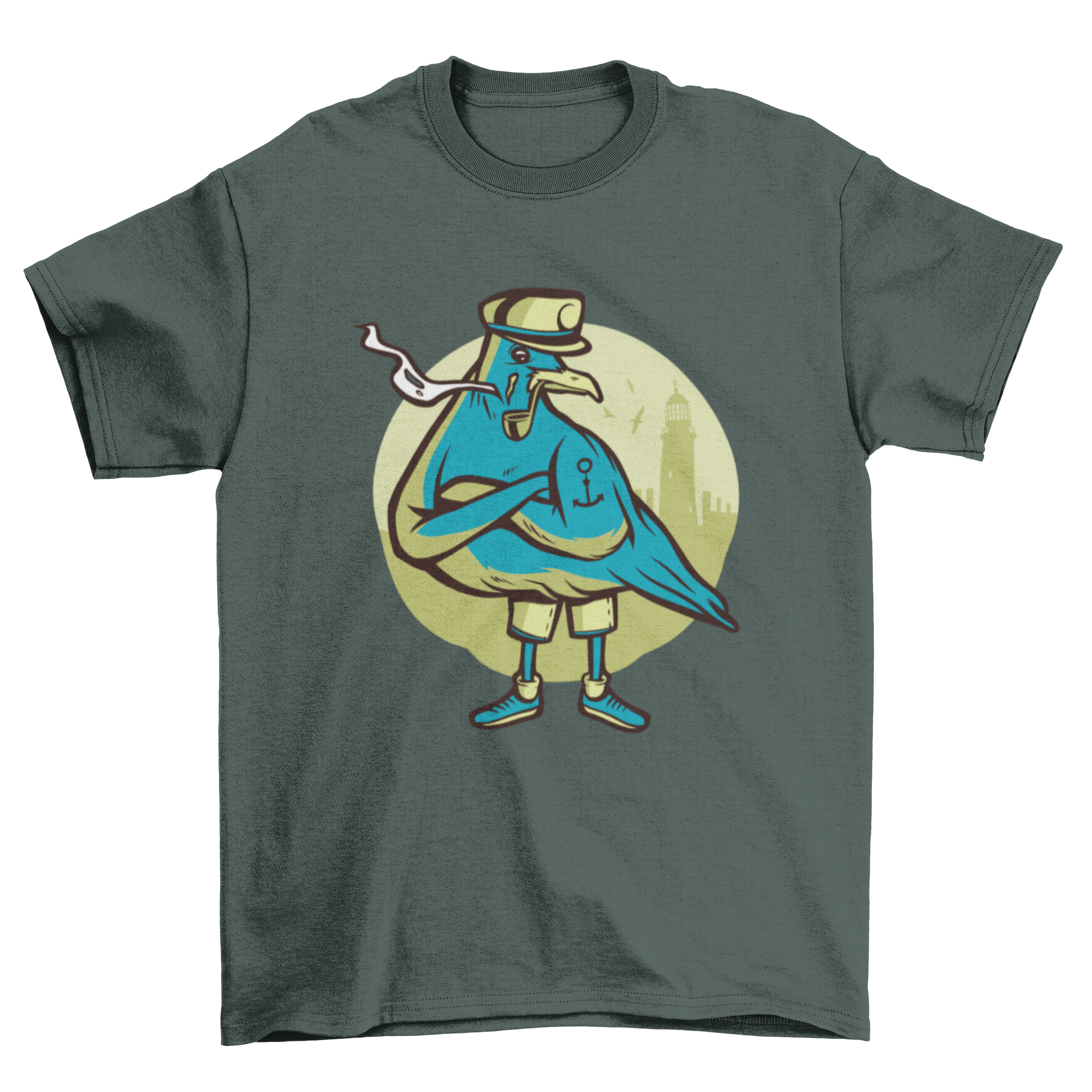 A humorous t-shirt featuring a seagull wearing a captain's hat and smoking a pipe, perfect for casual wear.