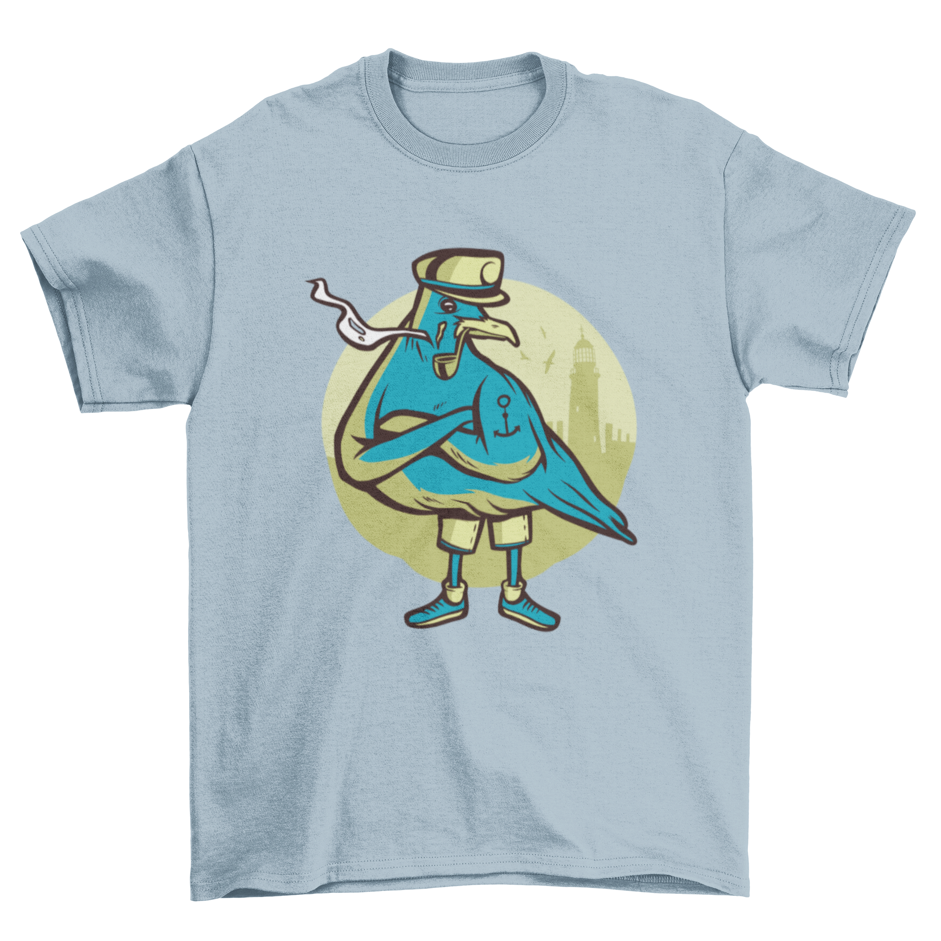 A humorous t-shirt featuring a seagull wearing a captain's hat and smoking a pipe, perfect for casual wear.