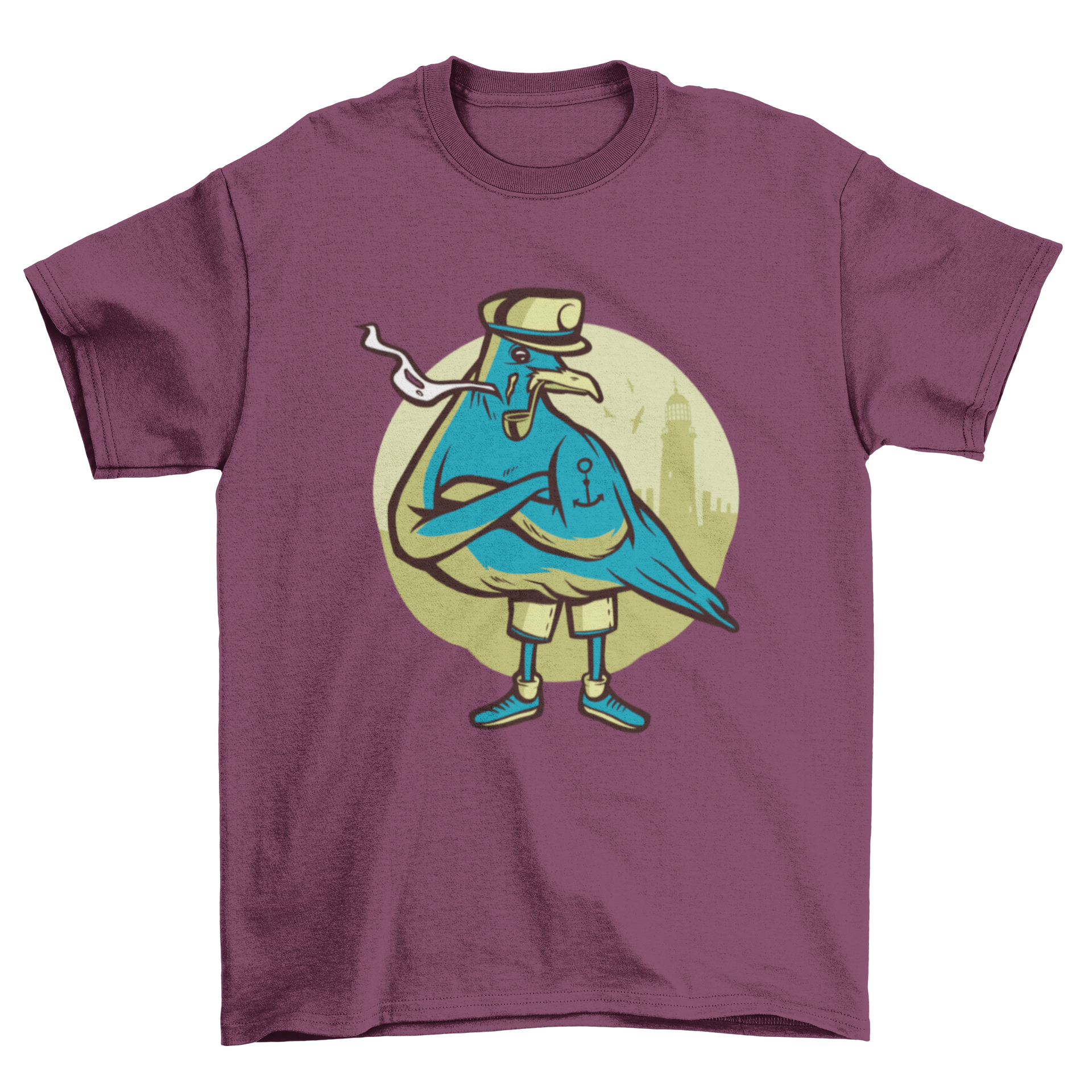 A humorous t-shirt featuring a seagull wearing a captain's hat and smoking a pipe, perfect for casual wear.
