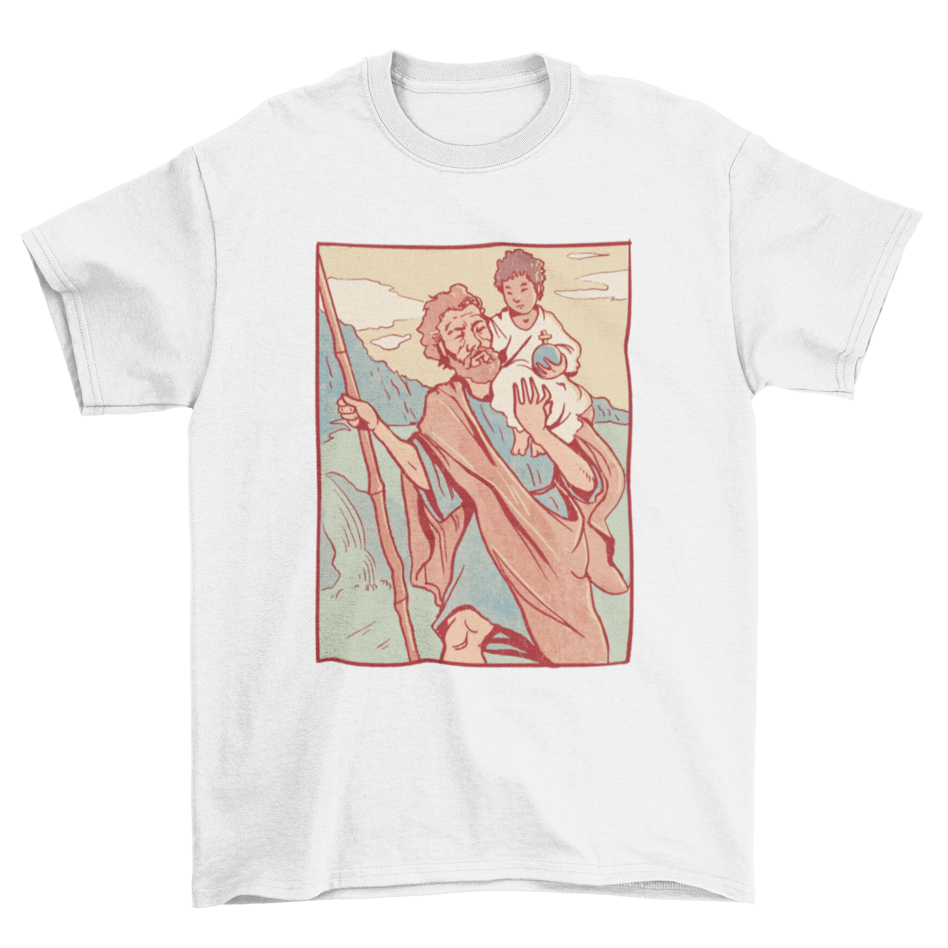 Saint Christopher t-shirt design featuring St. Christopher carrying Jesus on his back, showcasing vibrant colors and intricate details.