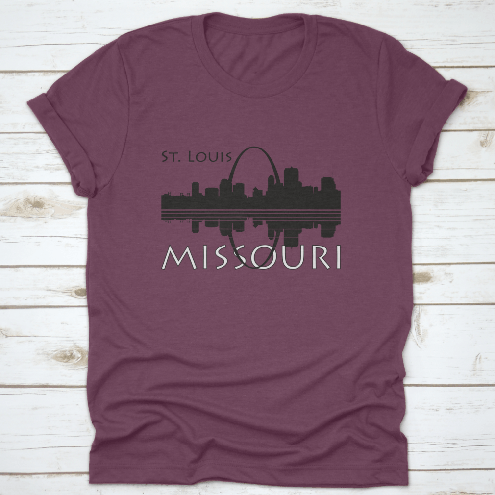 Black and white shirt featuring the Saint Louis city skyline with river reflection, showcasing a stylish urban design.