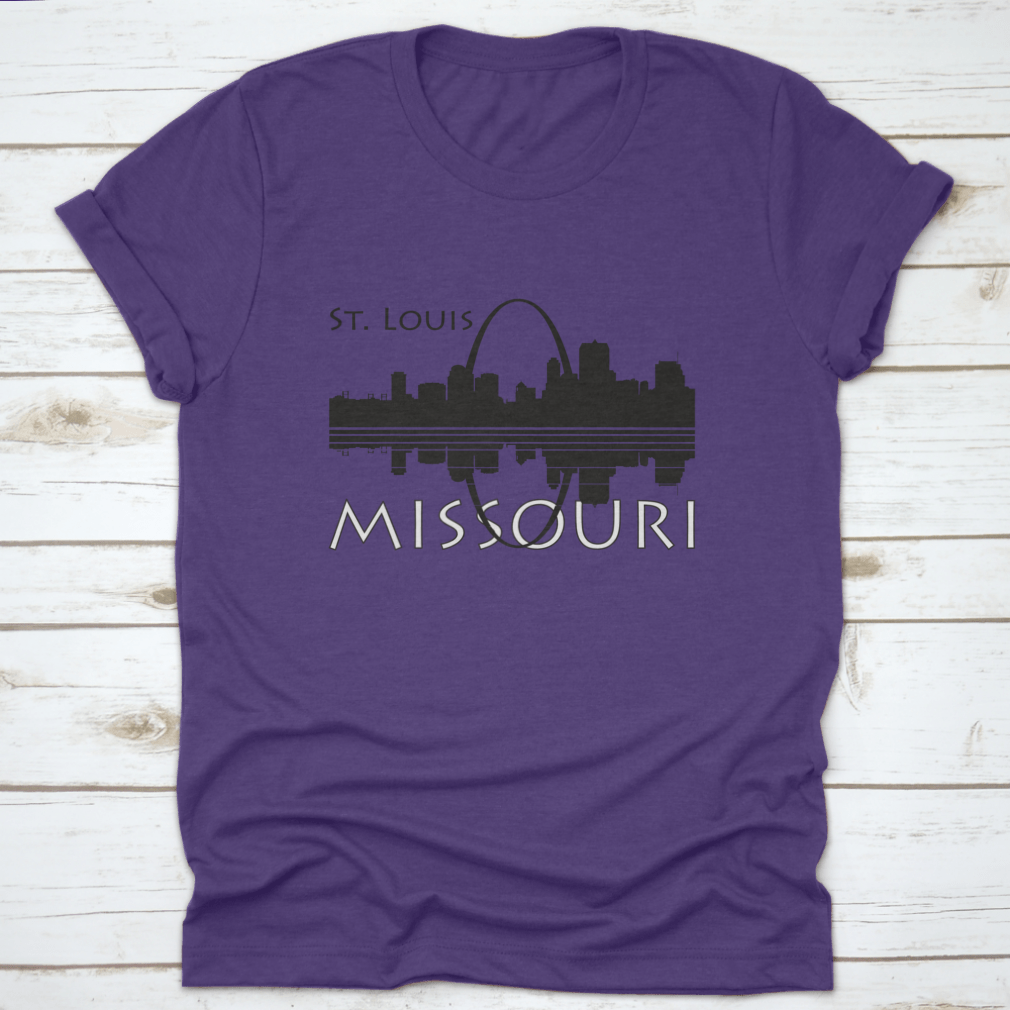 Black and white shirt featuring the Saint Louis city skyline with river reflection, showcasing a stylish urban design.