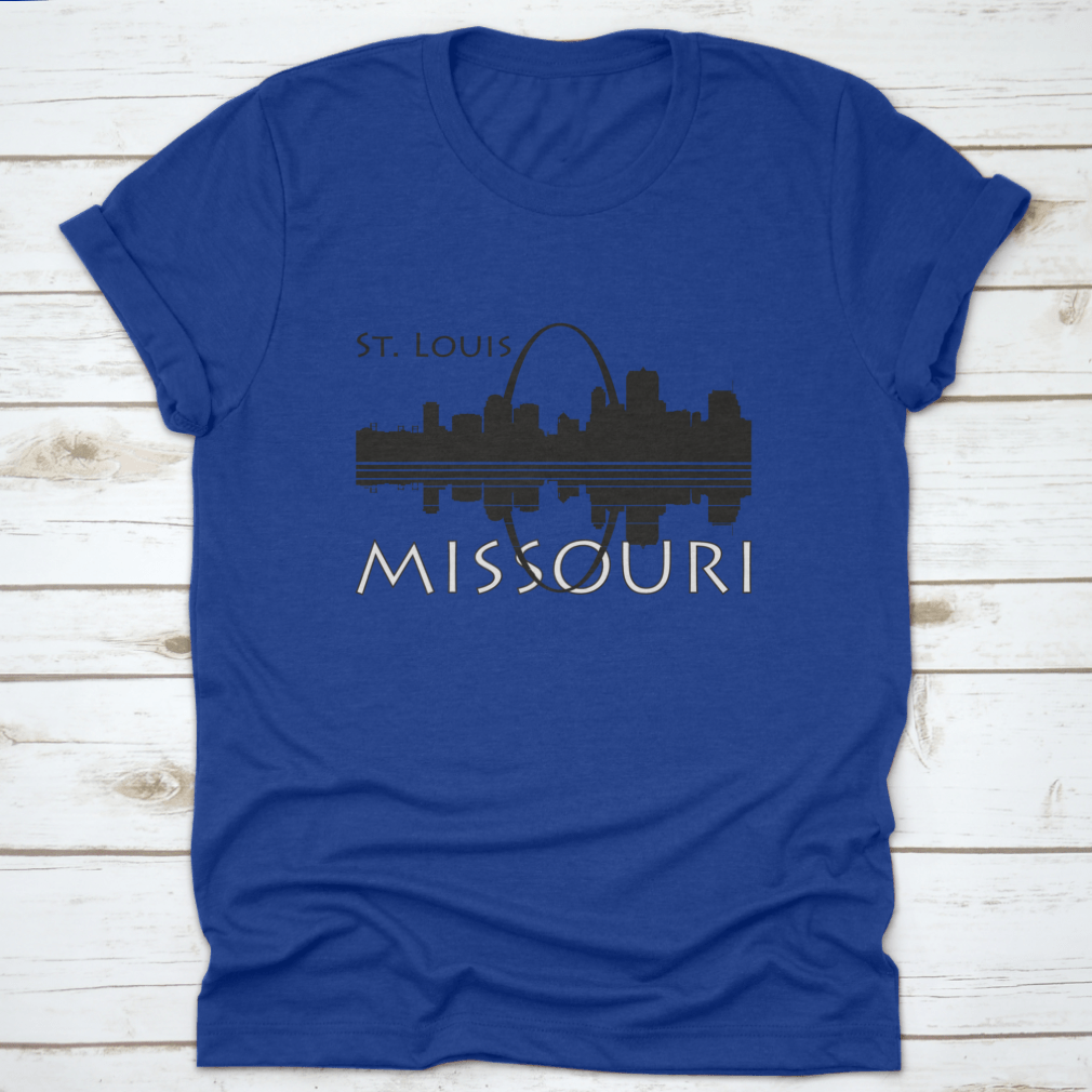 Black and white shirt featuring the Saint Louis city skyline with river reflection, showcasing a stylish urban design.