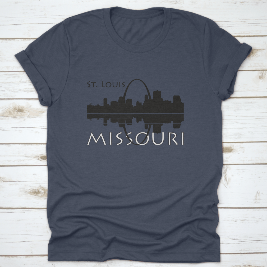 Black and white shirt featuring the Saint Louis city skyline with river reflection, showcasing a stylish urban design.