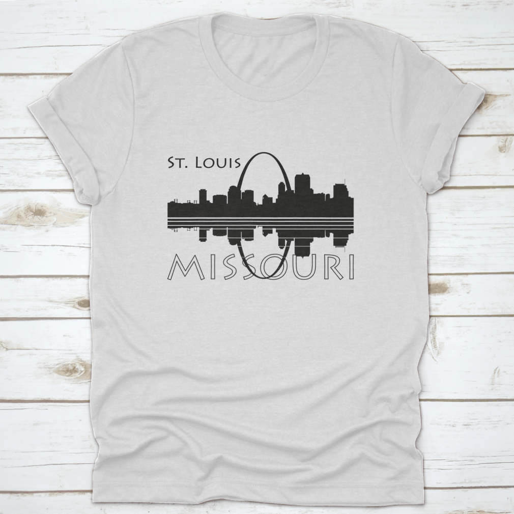 Black and white shirt featuring the Saint Louis city skyline with river reflection, showcasing a stylish urban design.
