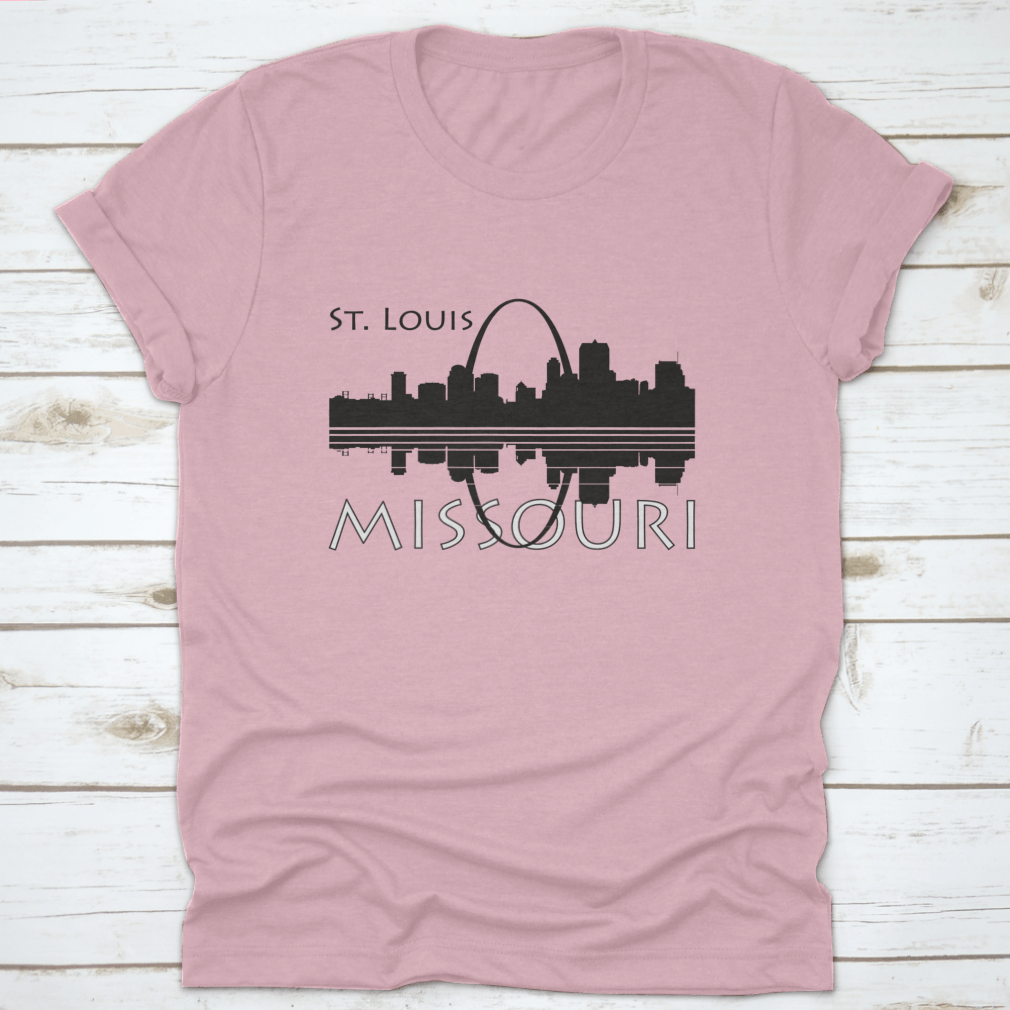 Black and white shirt featuring the Saint Louis city skyline with river reflection, showcasing a stylish urban design.