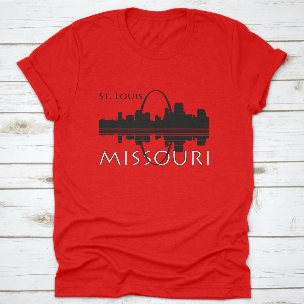 Black and white shirt featuring the Saint Louis city skyline with river reflection, showcasing a stylish urban design.