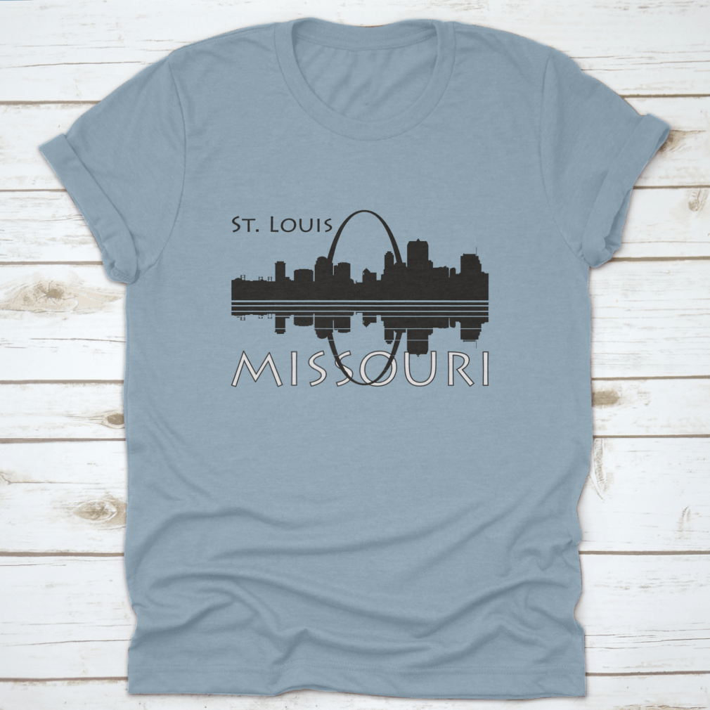 Black and white shirt featuring the Saint Louis city skyline with river reflection, showcasing a stylish urban design.