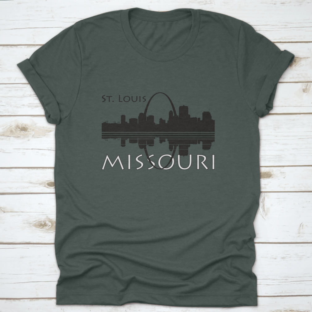 Black and white shirt featuring the Saint Louis city skyline with river reflection, showcasing a stylish urban design.