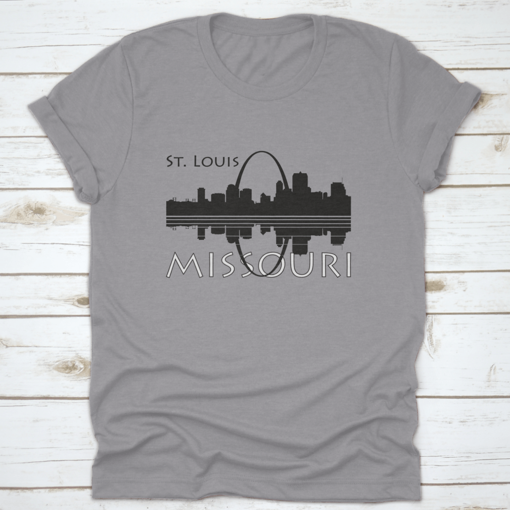 Black and white shirt featuring the Saint Louis city skyline with river reflection, showcasing a stylish urban design.