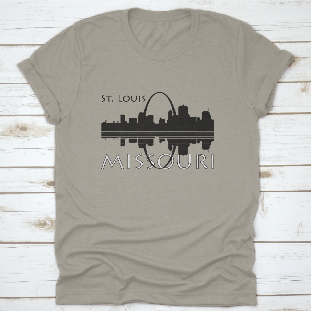 Black and white shirt featuring the Saint Louis city skyline with river reflection, showcasing a stylish urban design.