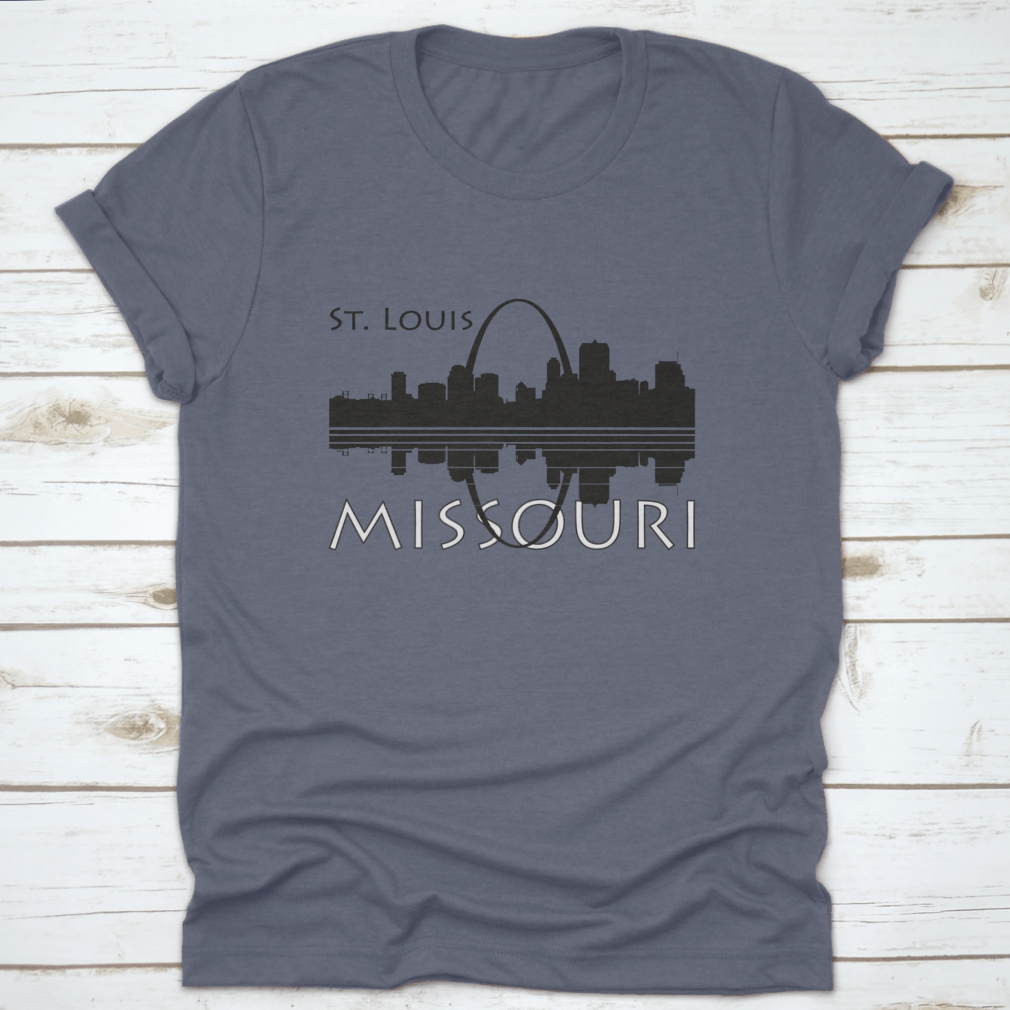 Black and white shirt featuring the Saint Louis city skyline with river reflection, showcasing a stylish urban design.
