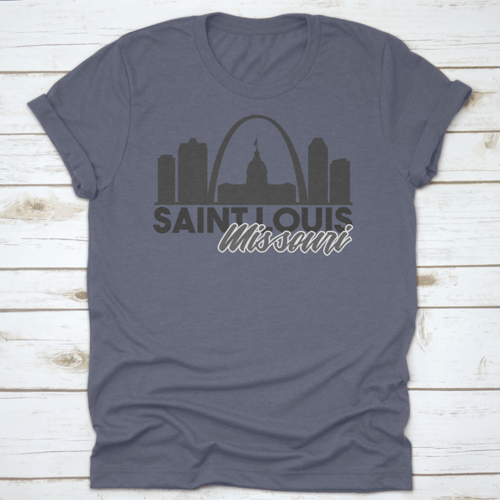 A stylish Saint Louis Missouri Skyline shirt featuring a unique travel art design, made from high-quality cotton for comfort.