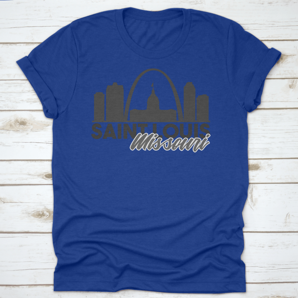 A stylish Saint Louis Missouri Skyline shirt featuring a unique travel art design, made from high-quality cotton for comfort.