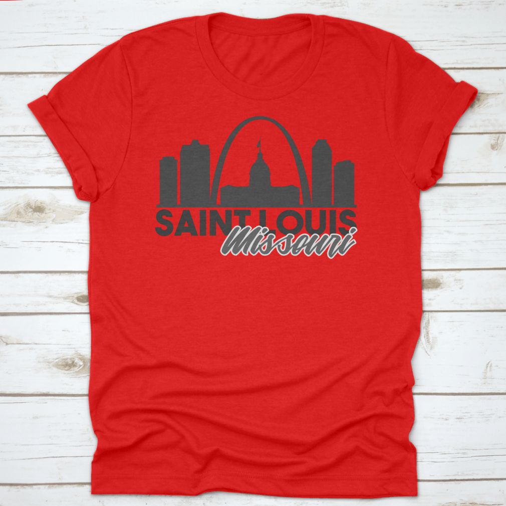 A stylish Saint Louis Missouri Skyline shirt featuring a unique travel art design, made from high-quality cotton for comfort.