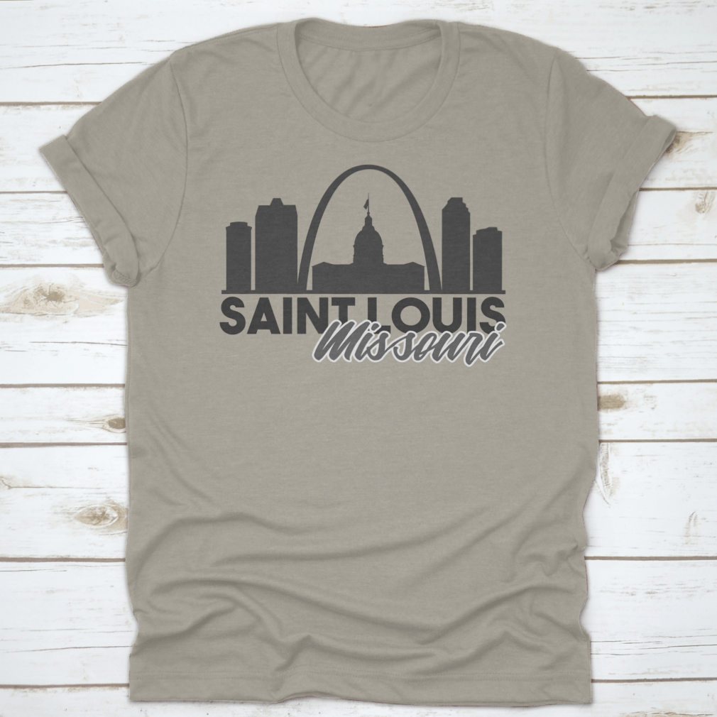 A stylish Saint Louis Missouri Skyline shirt featuring a unique travel art design, made from high-quality cotton for comfort.