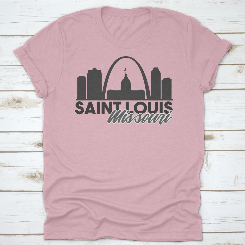 A stylish Saint Louis Missouri Skyline shirt featuring a unique travel art design, made from high-quality cotton for comfort.