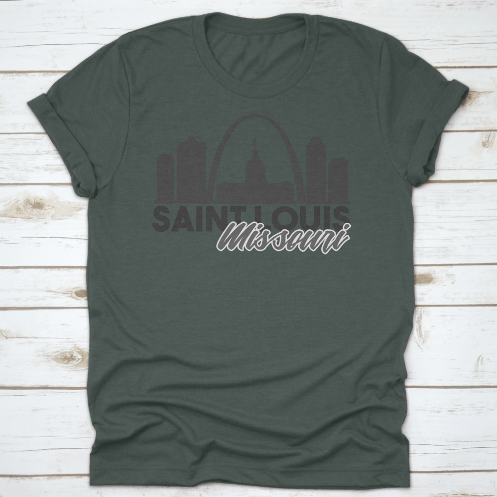 A stylish Saint Louis Missouri Skyline shirt featuring a unique travel art design, made from high-quality cotton for comfort.