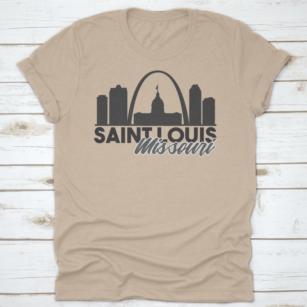 A stylish Saint Louis Missouri Skyline shirt featuring a unique travel art design, made from high-quality cotton for comfort.