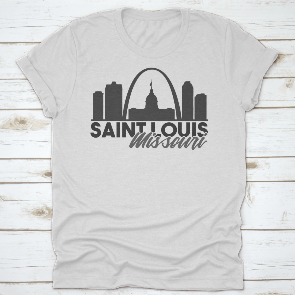 A stylish Saint Louis Missouri Skyline shirt featuring a unique travel art design, made from high-quality cotton for comfort.