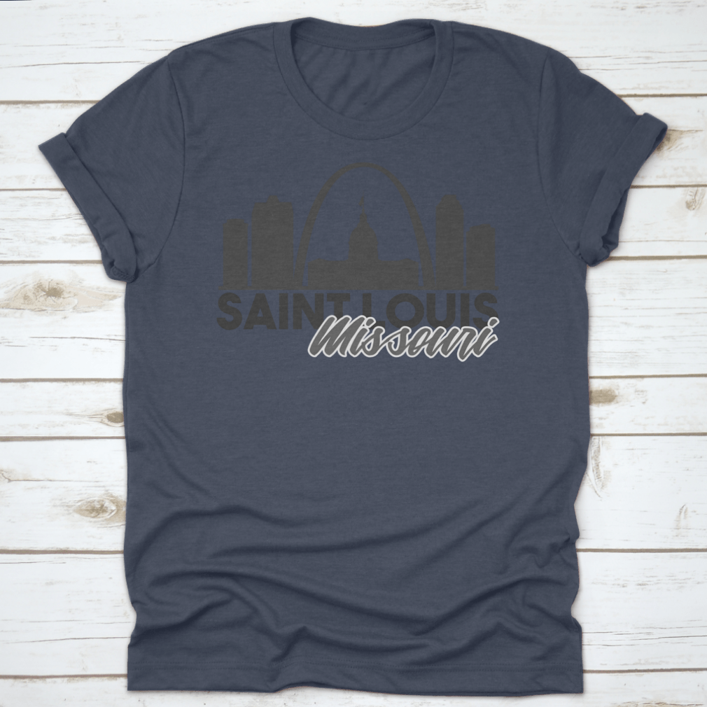 A stylish Saint Louis Missouri Skyline shirt featuring a unique travel art design, made from high-quality cotton for comfort.