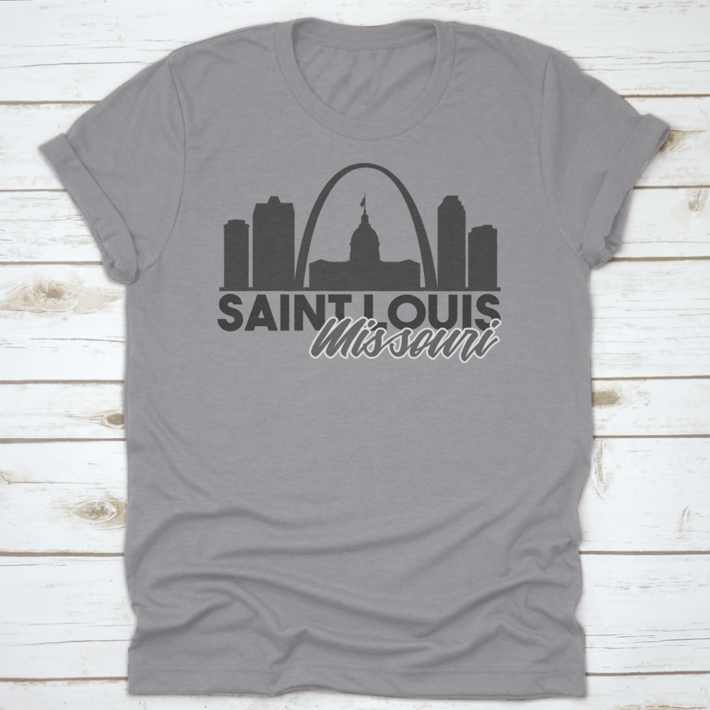 A stylish Saint Louis Missouri Skyline shirt featuring a unique travel art design, made from high-quality cotton for comfort.