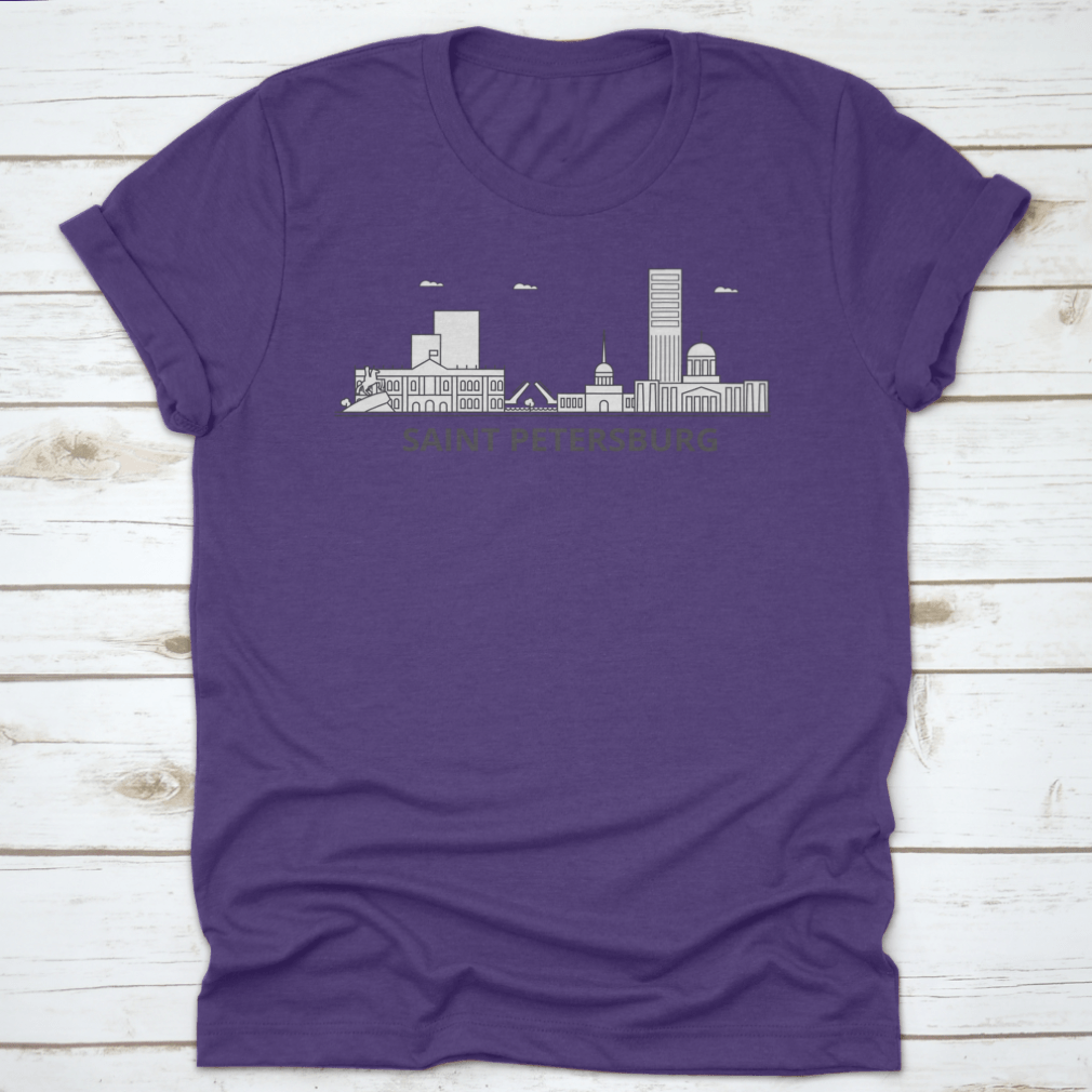 Saint Petersburg skyline illustration on a comfortable cotton t-shirt, showcasing iconic architecture.