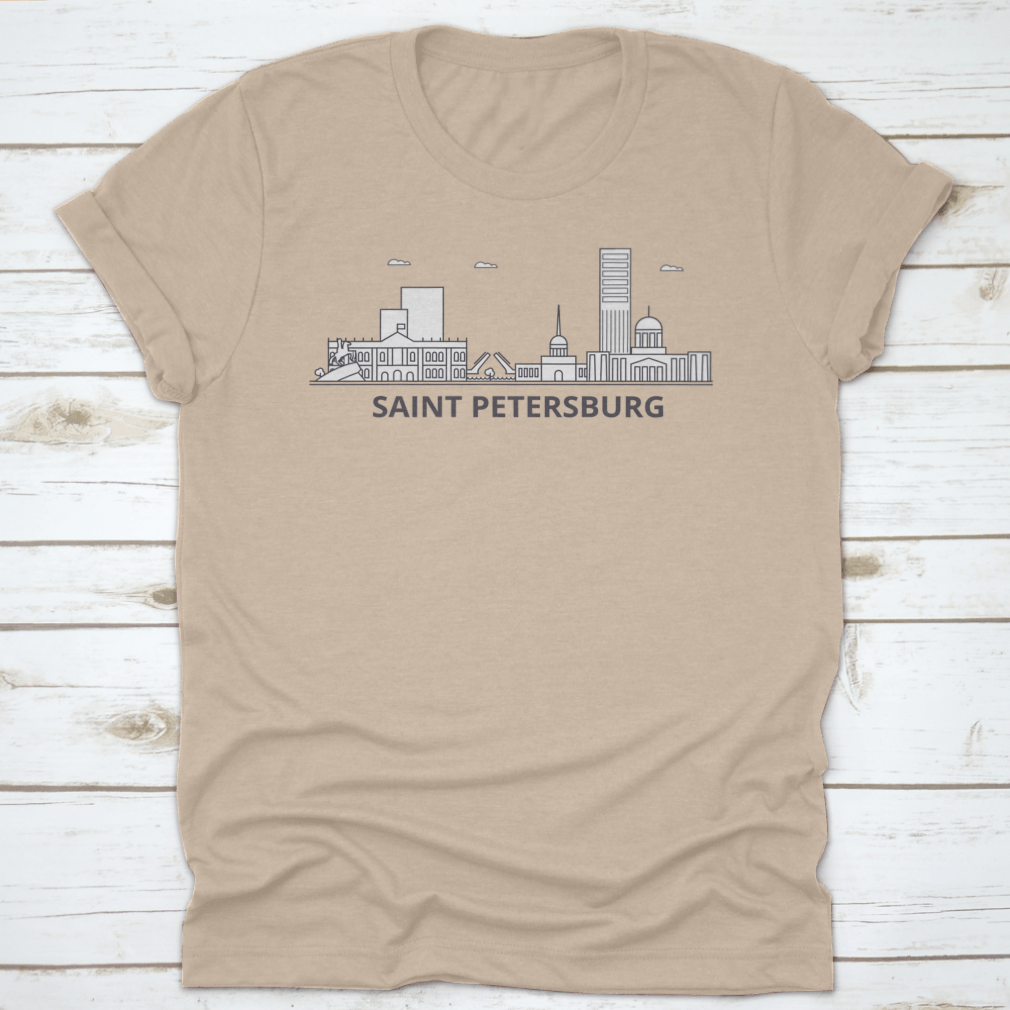 Saint Petersburg skyline illustration on a comfortable cotton t-shirt, showcasing iconic architecture.