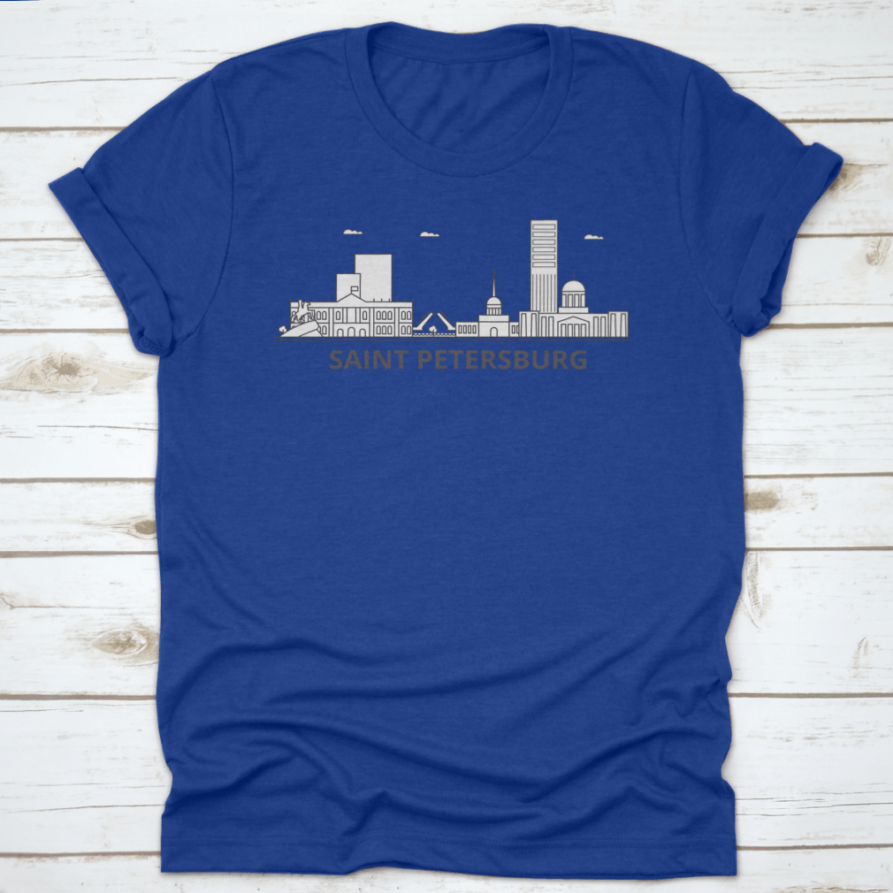 Saint Petersburg skyline illustration on a comfortable cotton t-shirt, showcasing iconic architecture.