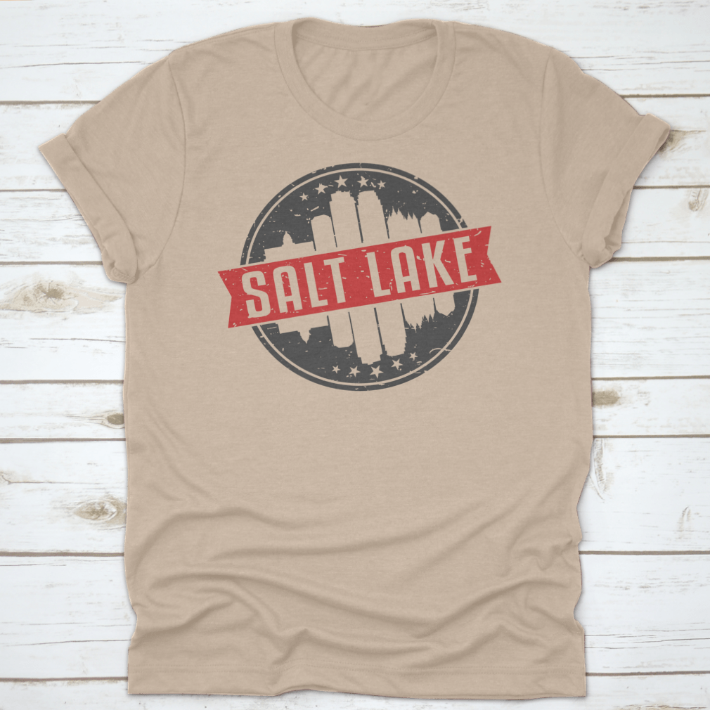 Salt Lake City Utah Round Travel Stamp shirt featuring an iconic skyline design, made from 100% cotton for comfort.