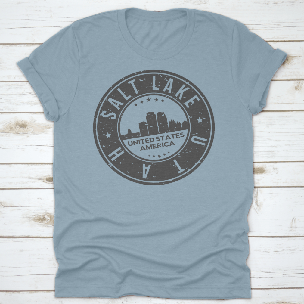 Salt Lake City Utah Stamp Logo T-shirt showcasing skyline design in a classic fit, made from 100% cotton.
