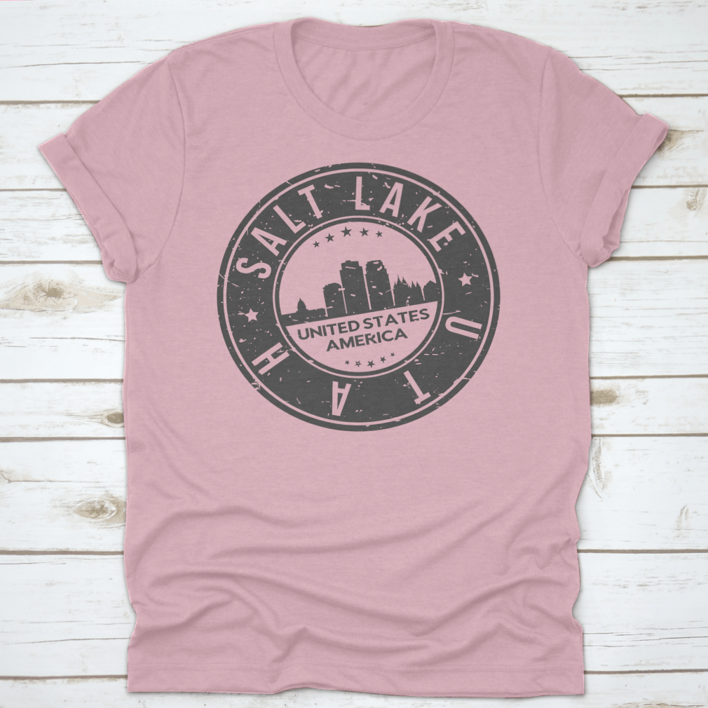 Salt Lake City Utah Stamp Logo T-shirt showcasing skyline design in a classic fit, made from 100% cotton.