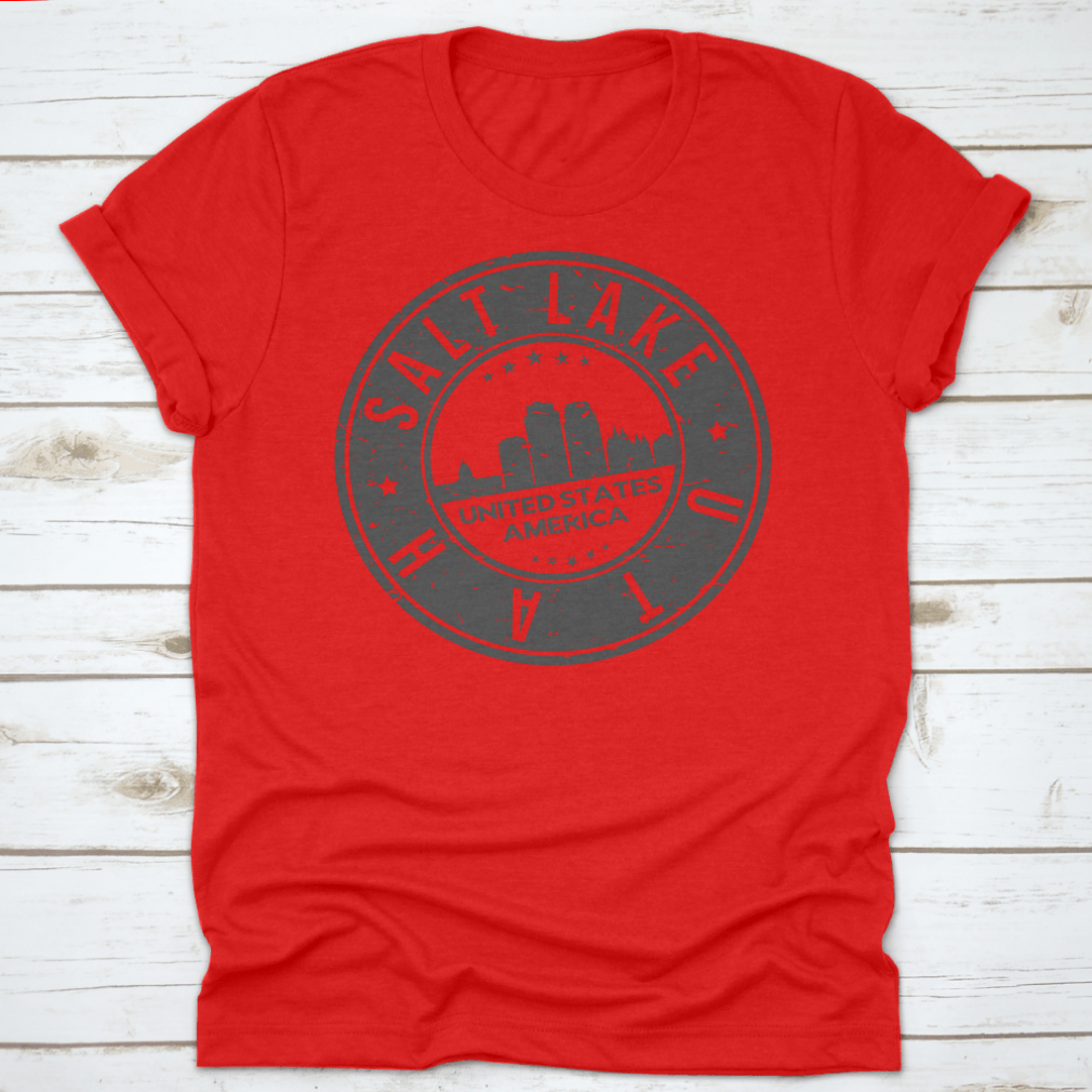Salt Lake City Utah Stamp Logo T-shirt showcasing skyline design in a classic fit, made from 100% cotton.