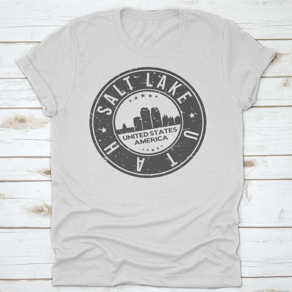 Salt Lake City Utah Stamp Logo T-shirt showcasing skyline design in a classic fit, made from 100% cotton.