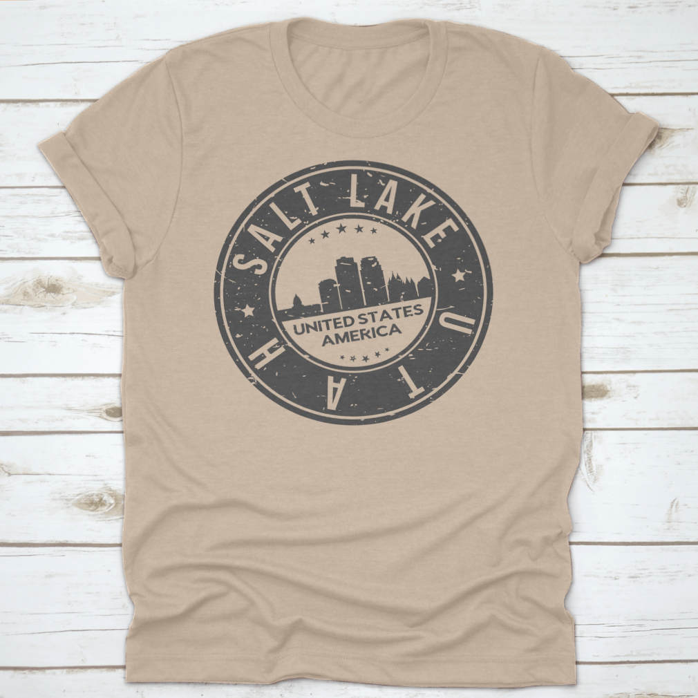 Salt Lake City Utah Stamp Logo T-shirt showcasing skyline design in a classic fit, made from 100% cotton.