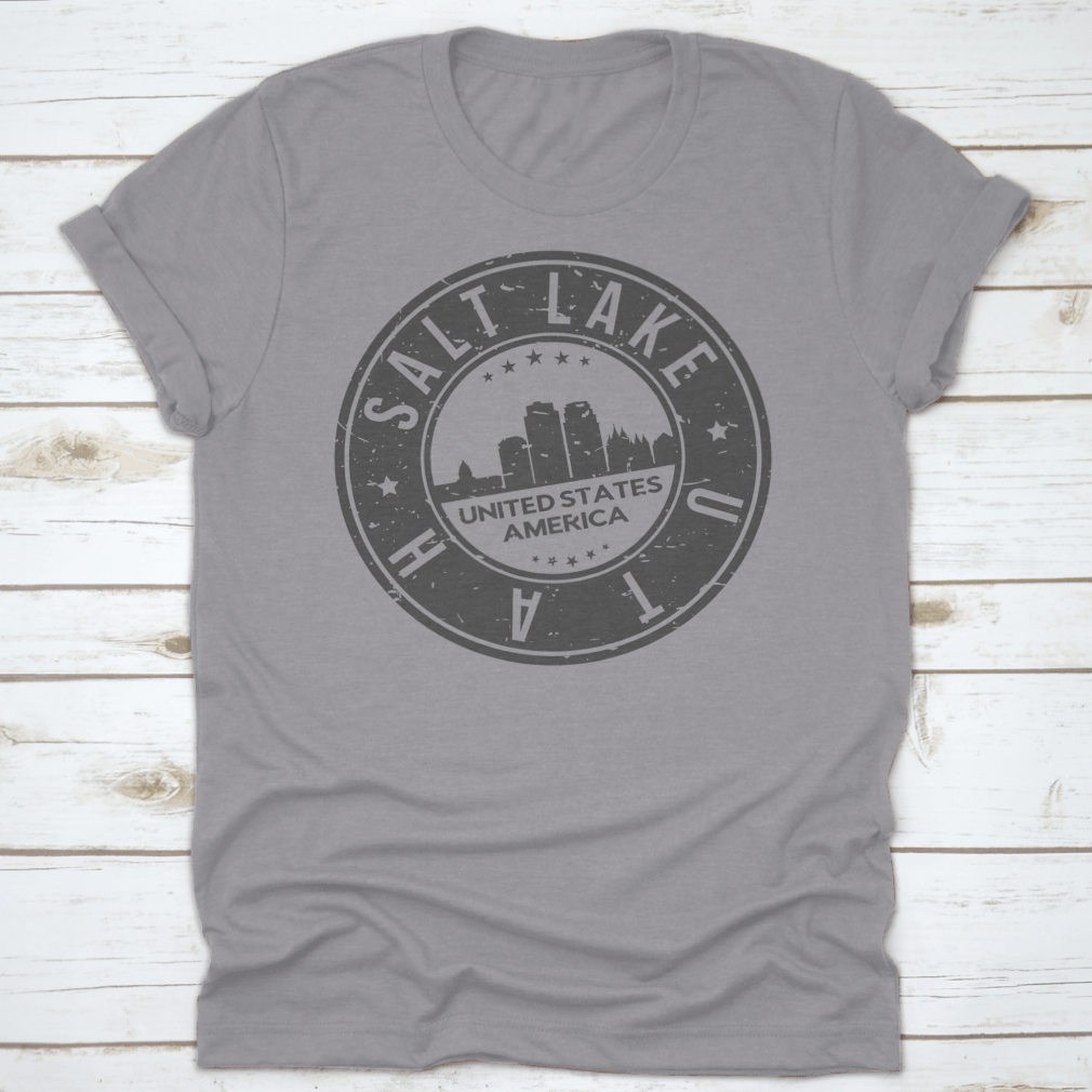 Salt Lake City Utah Stamp Logo T-shirt showcasing skyline design in a classic fit, made from 100% cotton.