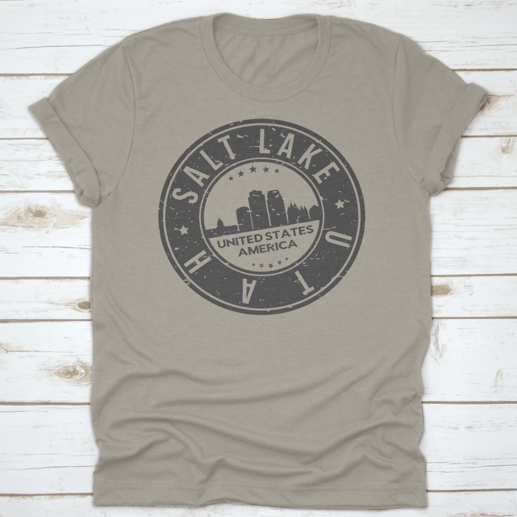 Salt Lake City Utah Stamp Logo T-shirt showcasing skyline design in a classic fit, made from 100% cotton.