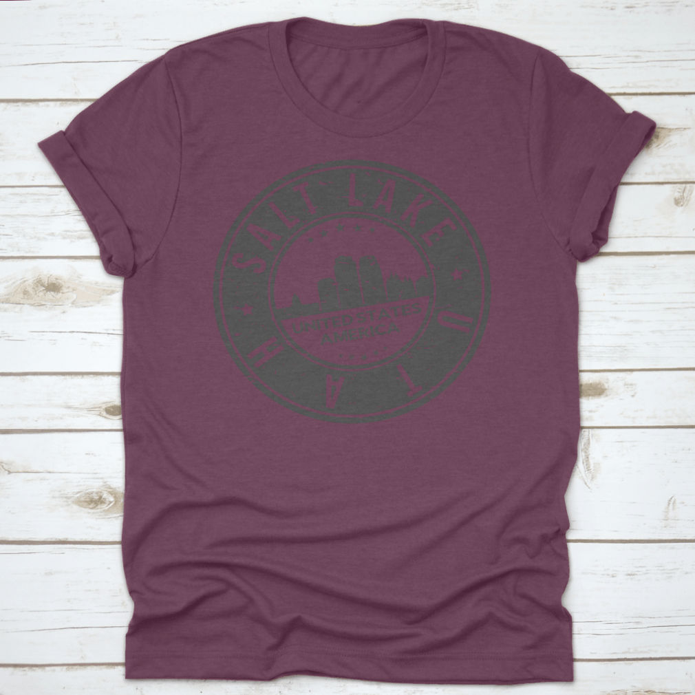 Salt Lake City Utah Stamp Logo T-shirt showcasing skyline design in a classic fit, made from 100% cotton.