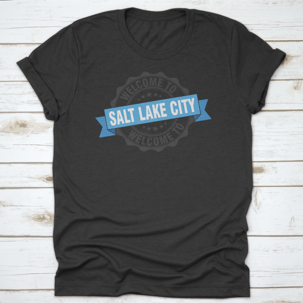 A trendy Salt Lake City T-shirt featuring a stylish stamp design, made from soft cotton fabric.