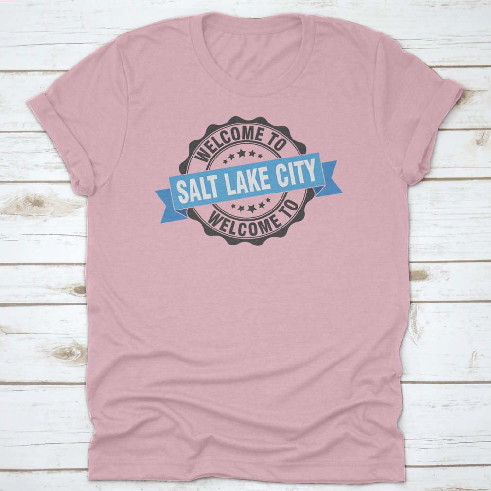 A trendy Salt Lake City T-shirt featuring a stylish stamp design, made from soft cotton fabric.