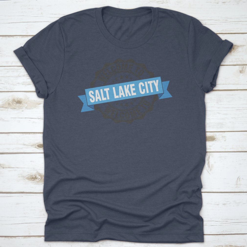 A trendy Salt Lake City T-shirt featuring a stylish stamp design, made from soft cotton fabric.