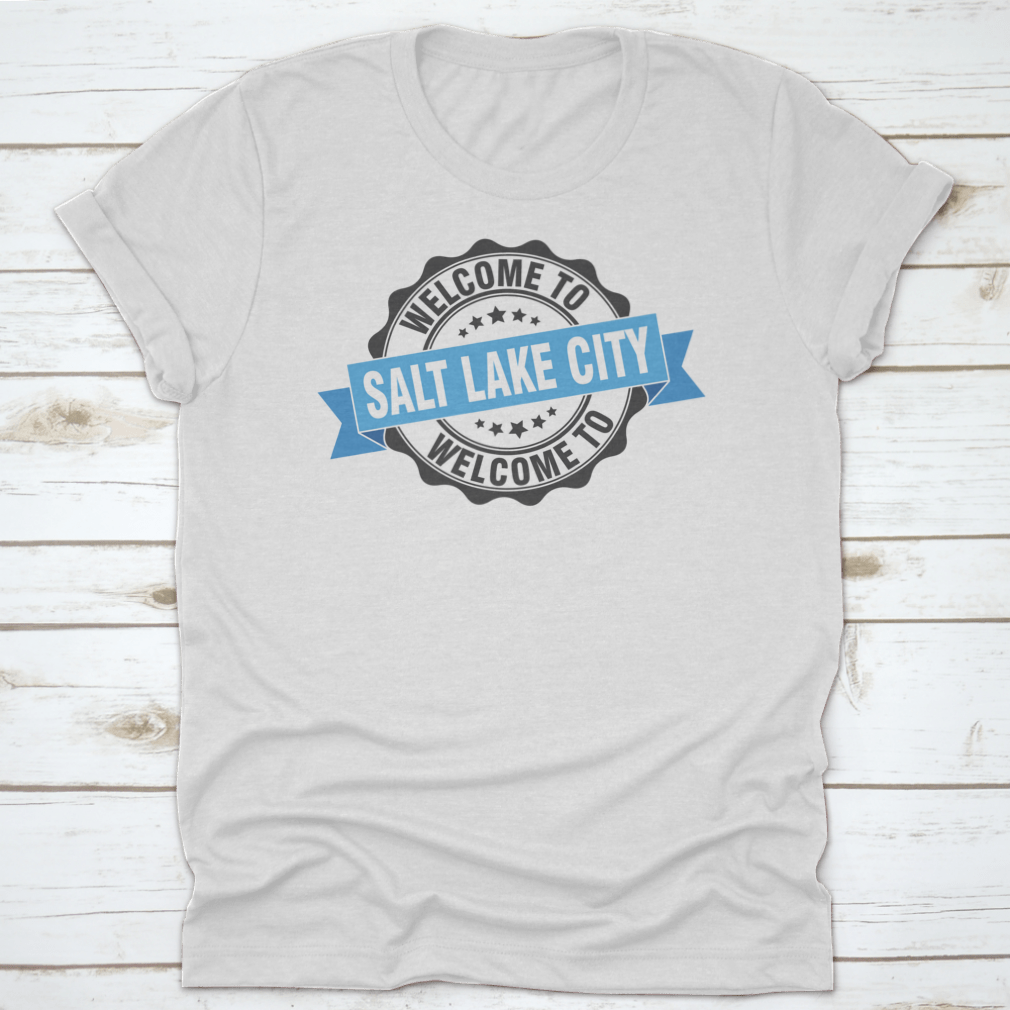 A trendy Salt Lake City T-shirt featuring a stylish stamp design, made from soft cotton fabric.