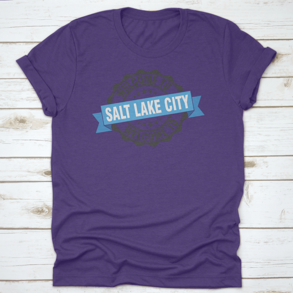 A trendy Salt Lake City T-shirt featuring a stylish stamp design, made from soft cotton fabric.