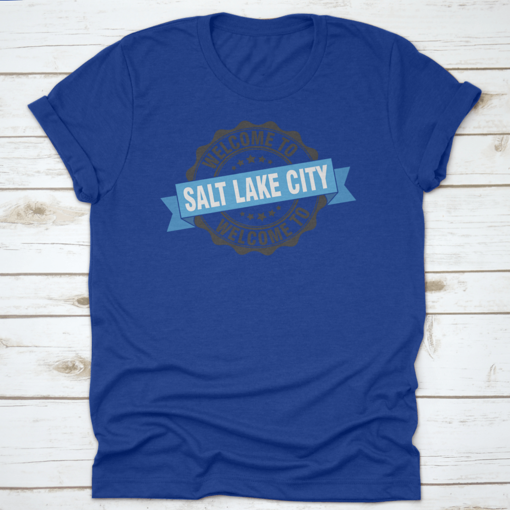A trendy Salt Lake City T-shirt featuring a stylish stamp design, made from soft cotton fabric.